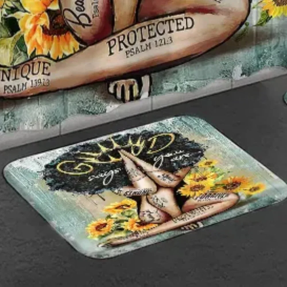 Waterproof Fabric 3D Print Deco African Girl Sunflower Bathroom Rugs Set New